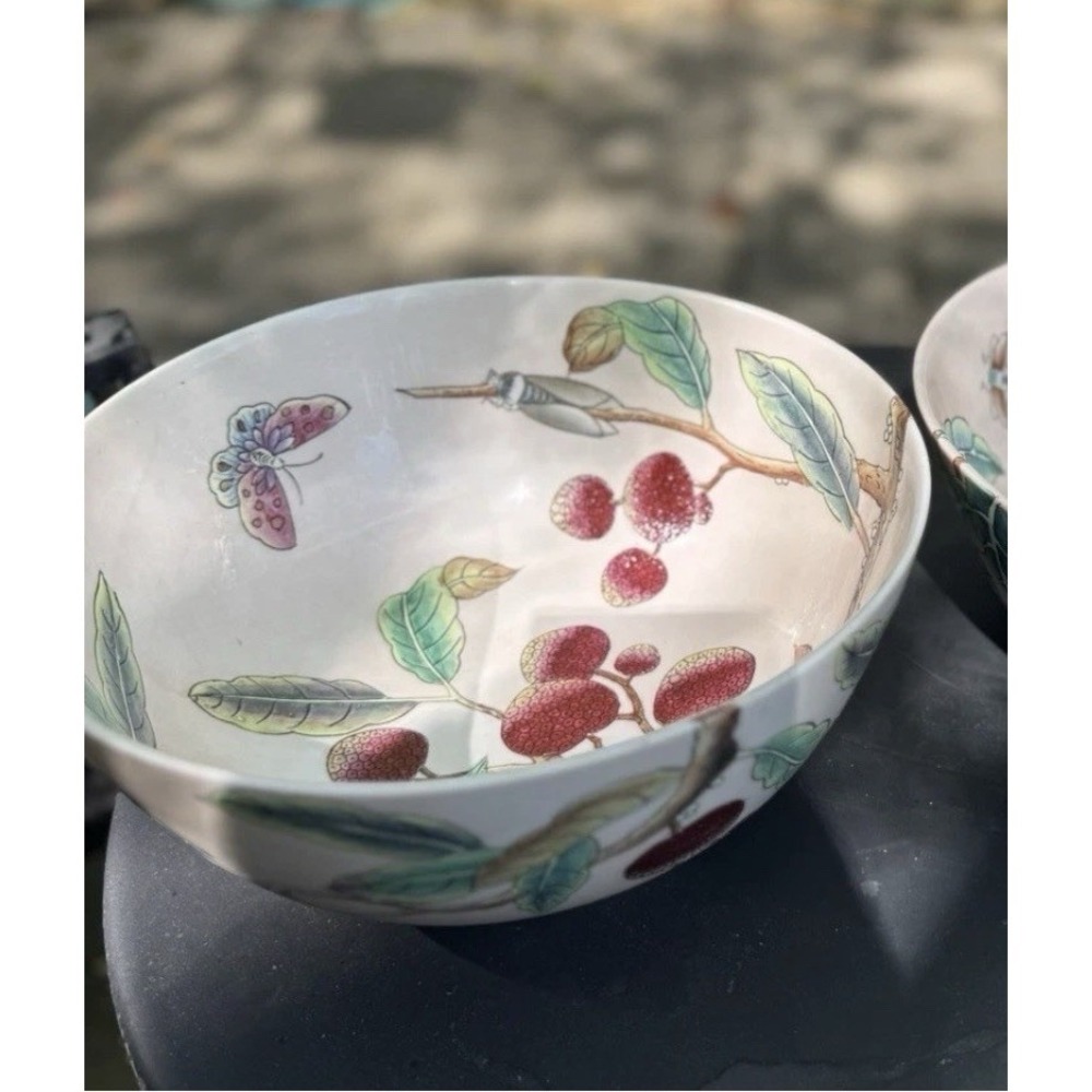 Vintage Chinoiserie Porcelain Fruit Bowl Butterfly Berry Botanical Large - Picture 10 of 12
